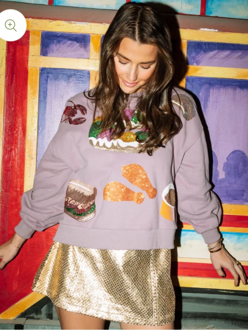 Queen of Sparkles Mardi Gras Foods Sequin Sweatshirt Purple XS